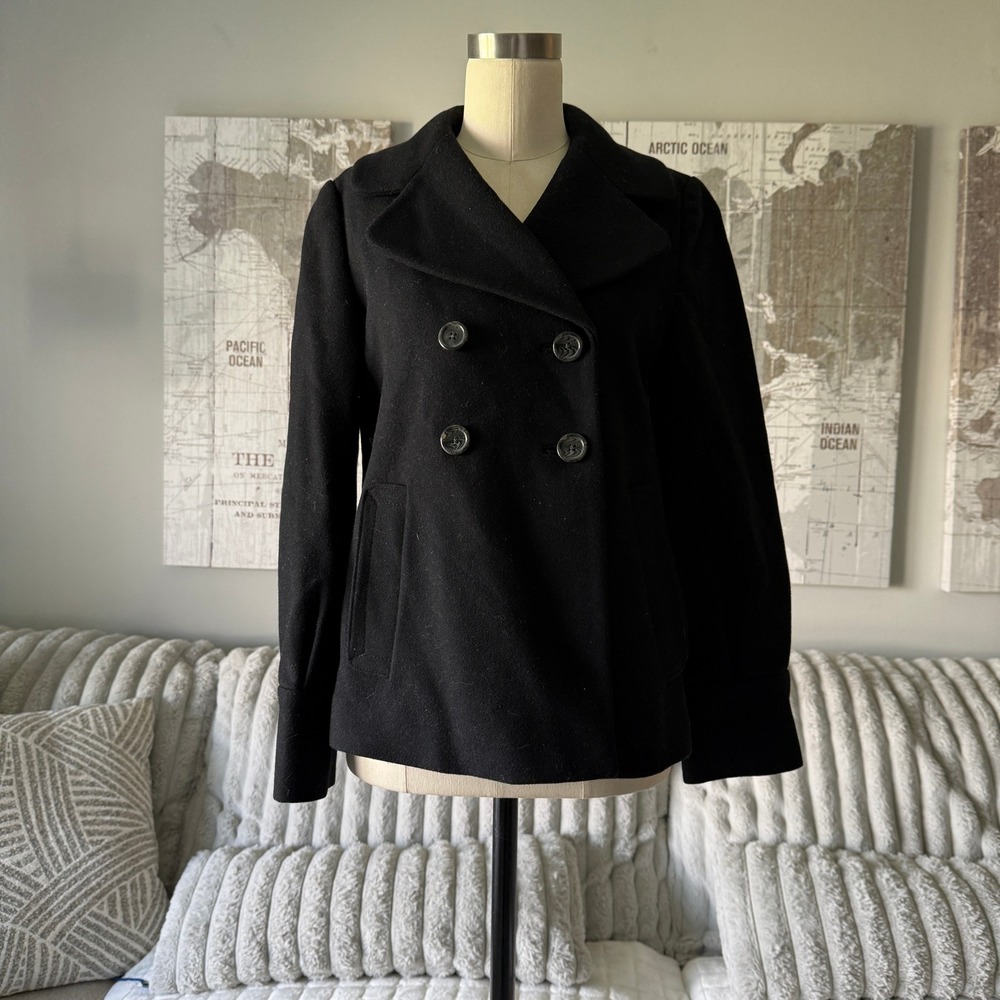 Banana Republic Womens Small Black Wool Blend Double Breasted Pea Coat Jacket